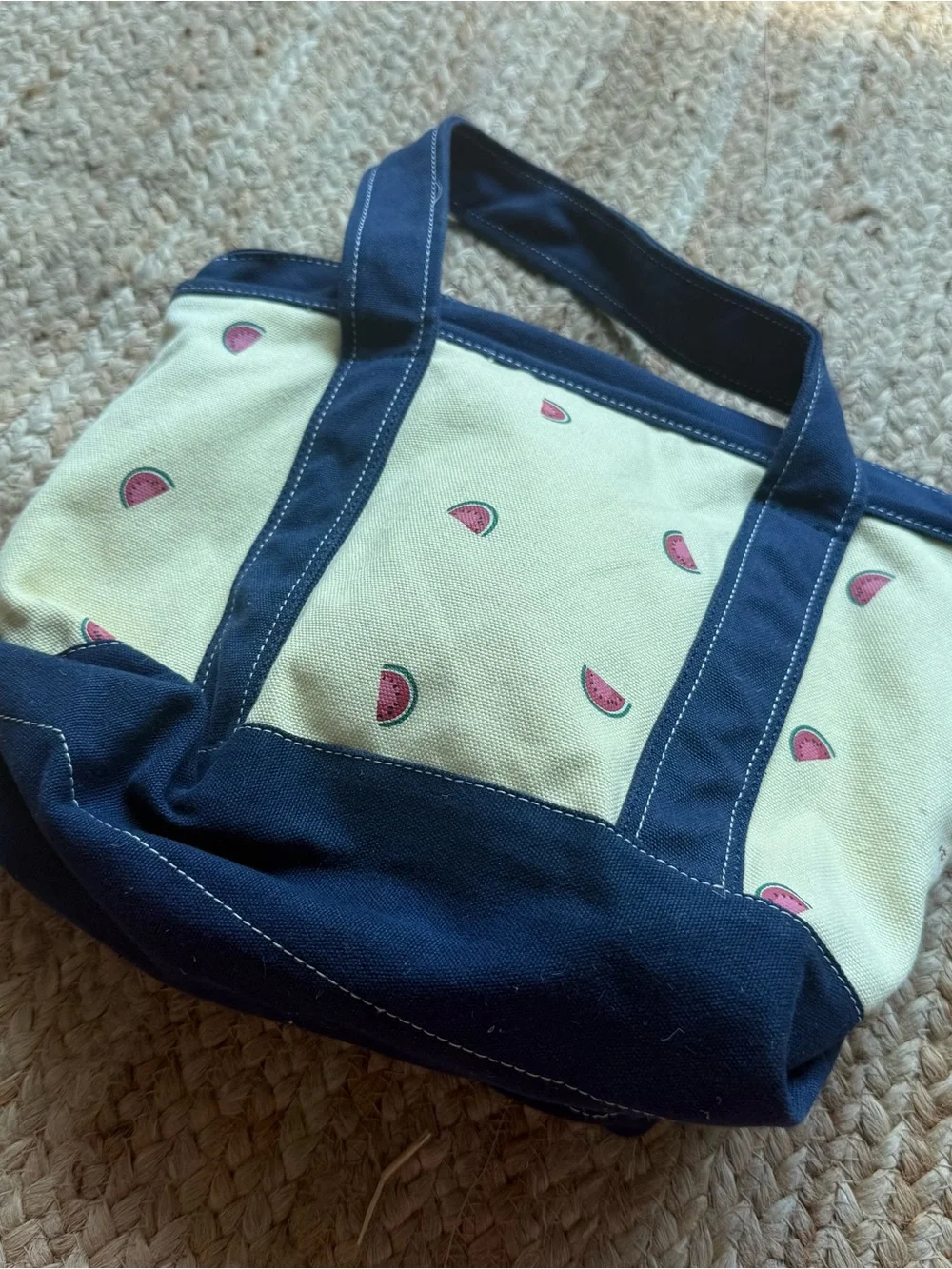 Canvas Tote Bag Cream Navy Blue Medium Watermelon Fruit Print Boat Beach Summer